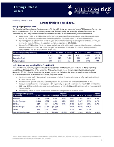Thumbnail Millicom Quarterly Report 2021-q4