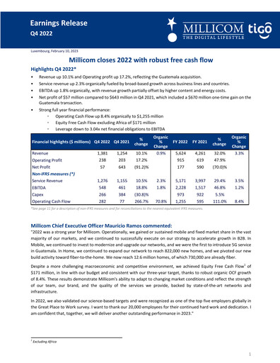 Thumbnail Millicom Quarterly Report 2022-q4