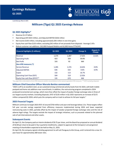 Thumbnail Millicom Quarterly Report 2025-q1