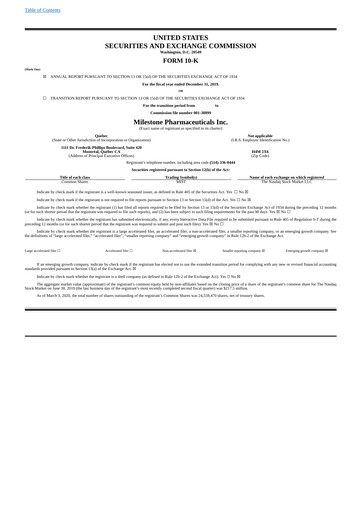Thumbnail Milestone Pharmaceuticals
 Annual Report 2019