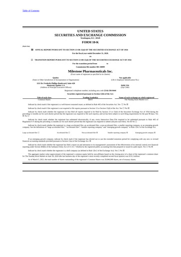 Thumbnail Milestone Pharmaceuticals
 Annual Report 2020