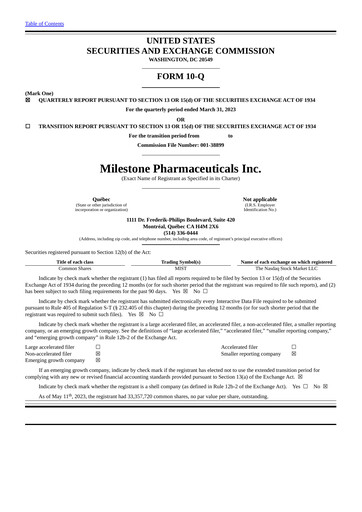 Thumbnail Milestone Pharmaceuticals
 Quarterly Report 2023-q1