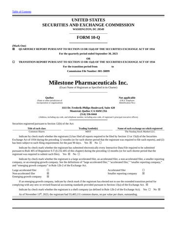 Thumbnail Milestone Pharmaceuticals
 Quarterly Report 2023-q3