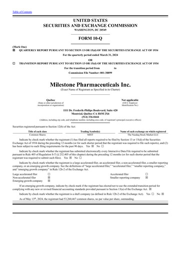 Thumbnail Milestone Pharmaceuticals
 Quarterly Report 2024-q1