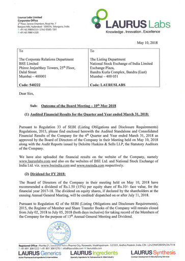 Thumbnail Laurus Labs
 Quarterly Report 2018-q4