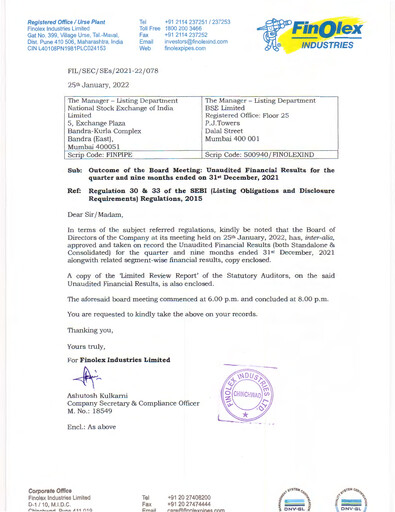 Thumbnail Finolex Industries Quarterly Report 2021-q3