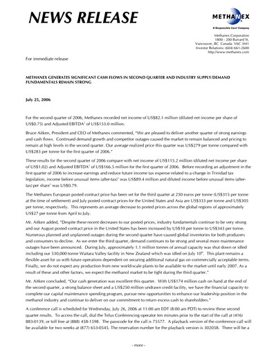 Thumbnail Methanex Quarterly Report 2006-q2