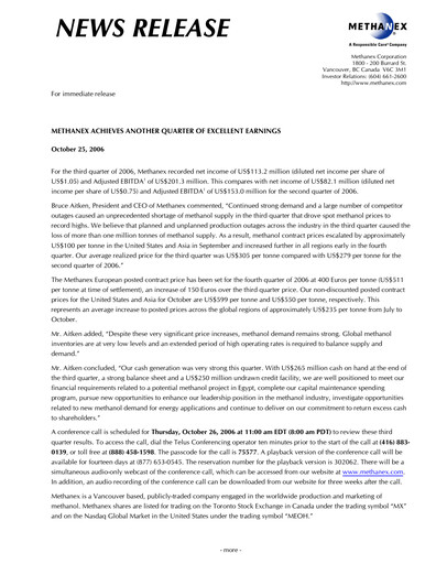 Thumbnail Methanex Quarterly Report 2006-q3