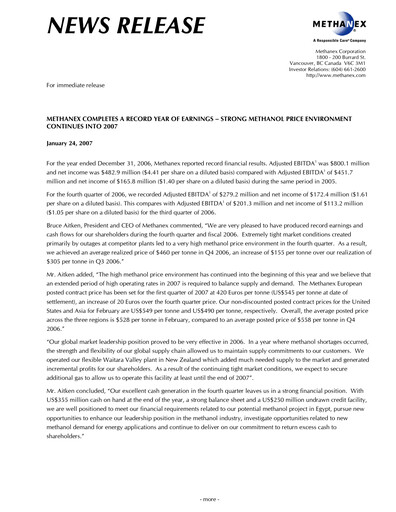 Thumbnail Methanex Quarterly Report 2006-q4