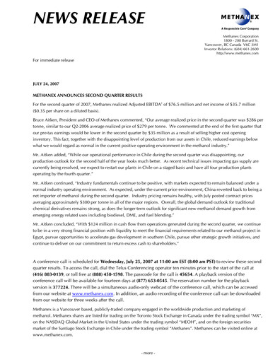 Thumbnail Methanex Quarterly Report 2007-q2