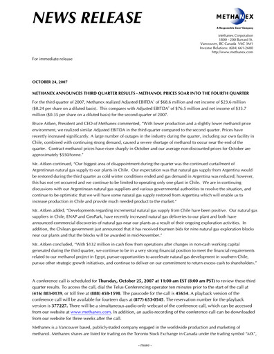 Thumbnail Methanex Quarterly Report 2007-q3
