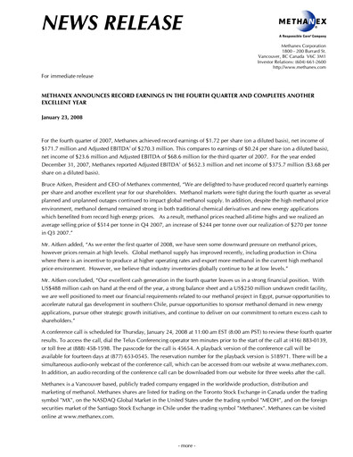 Thumbnail Methanex Quarterly Report 2007-q4