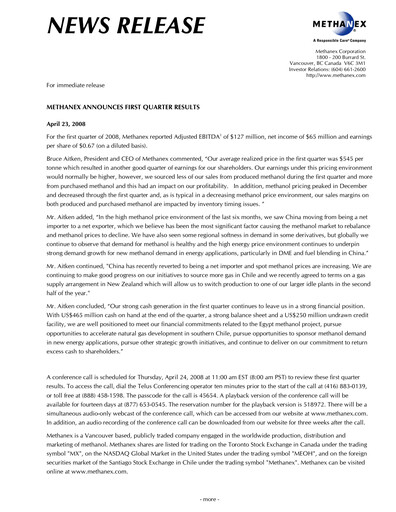 Thumbnail Methanex Quarterly Report 2008-q1