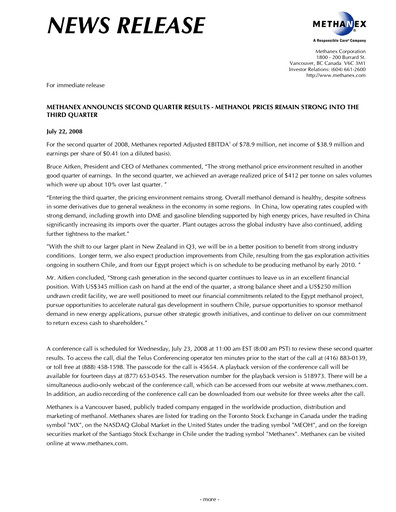 Thumbnail Methanex Quarterly Report 2008-q2