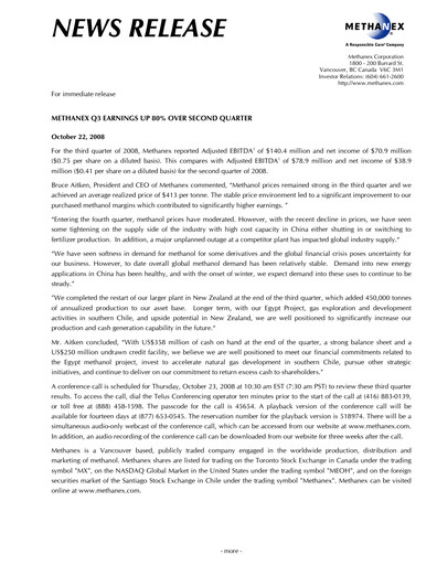 Thumbnail Methanex Quarterly Report 2008-q3