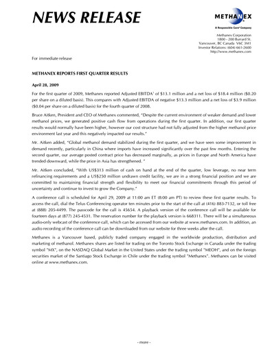 Thumbnail Methanex Quarterly Report 2009-q1