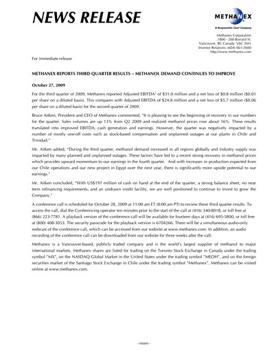Thumbnail Methanex Quarterly Report 2009-q3
