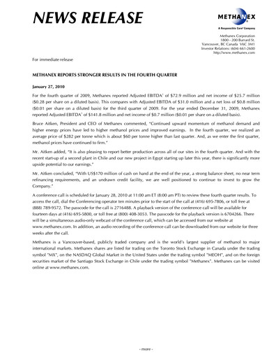 Thumbnail Methanex Quarterly Report 2009-q4