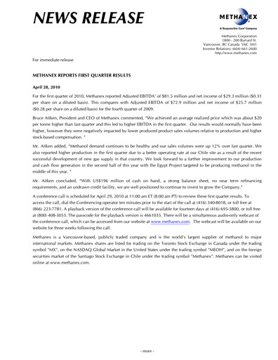 Thumbnail Methanex Quarterly Report 2010-q1