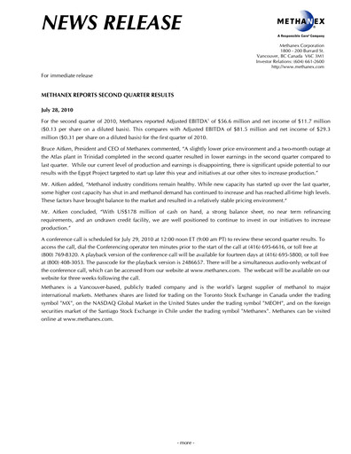 Thumbnail Methanex Quarterly Report 2010-q2