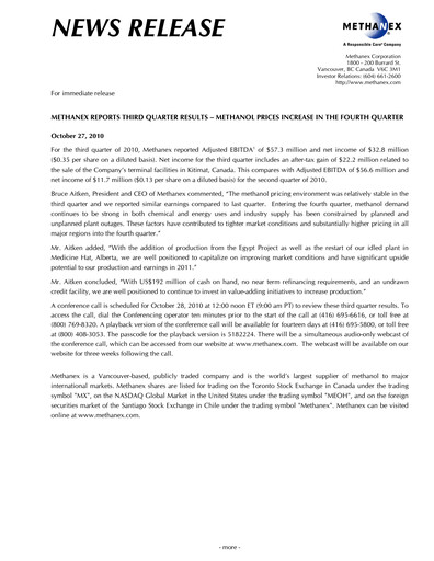 Thumbnail Methanex Quarterly Report 2010-q3
