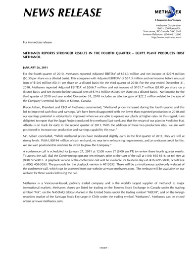 Thumbnail Methanex Quarterly Report 2010-q4