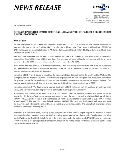 Thumbnail Methanex Quarterly Report 2011-q1