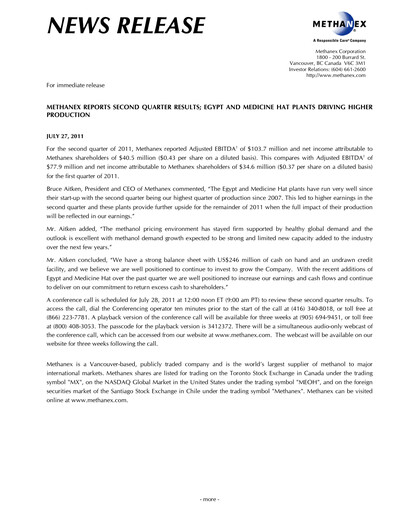 Thumbnail Methanex Quarterly Report 2011-q2