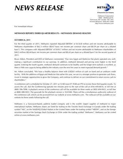 Thumbnail Methanex Quarterly Report 2011-q3