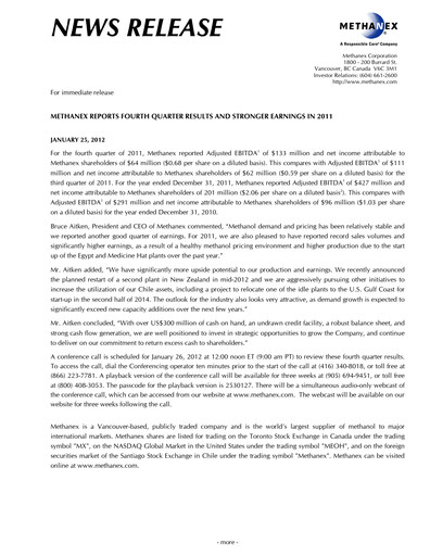Thumbnail Methanex Quarterly Report 2011-q4