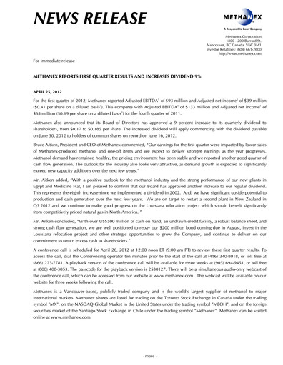 Thumbnail Methanex Quarterly Report 2012-q1