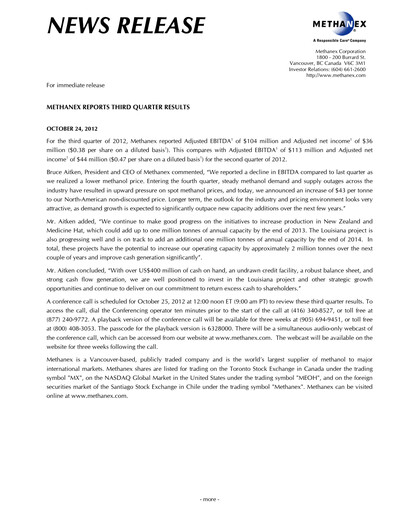 Thumbnail Methanex Quarterly Report 2012-q3