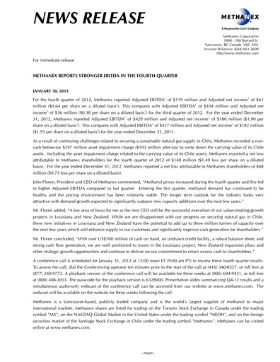Thumbnail Methanex Quarterly Report 2012-q4
