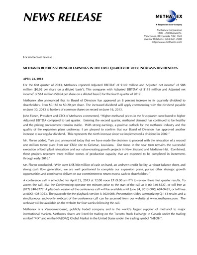 Thumbnail Methanex Quarterly Report 2013-q1