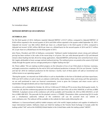 Thumbnail Methanex Quarterly Report 2014-q3