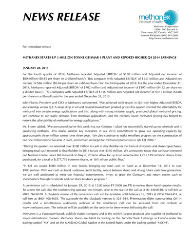 Thumbnail Methanex Quarterly Report 2014-q4