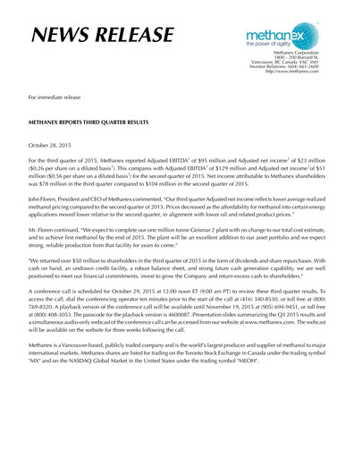 Thumbnail Methanex Quarterly Report 2015-q3