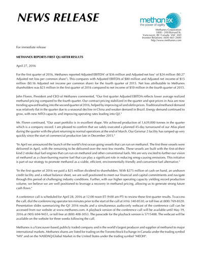 Thumbnail Methanex Quarterly Report 2016-q1