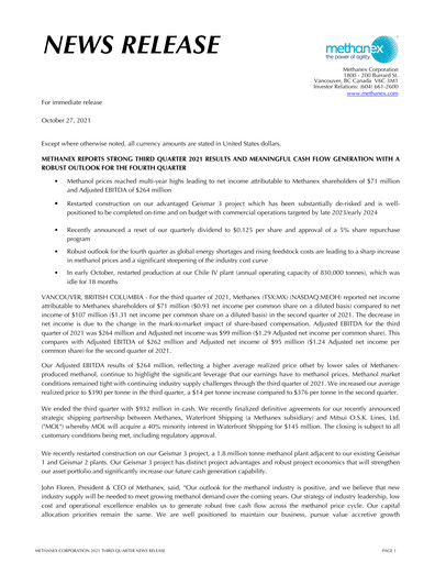 Thumbnail Methanex Quarterly Report 2021-q3