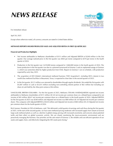Thumbnail Methanex Quarterly Report 2025-q1
