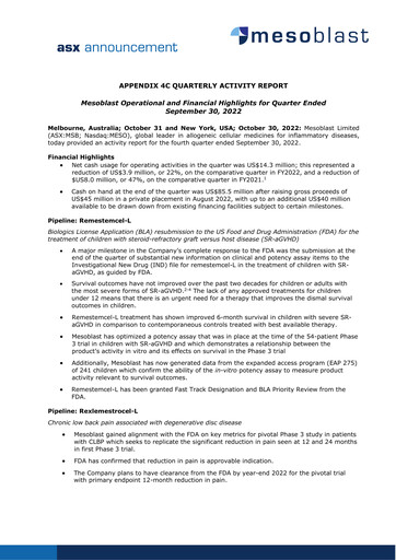 Thumbnail Mesoblast
 Quarterly Report 2022-q3