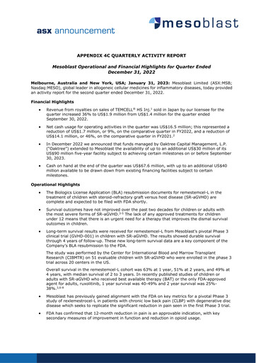 Thumbnail Mesoblast
 Quarterly Report 2022-q4