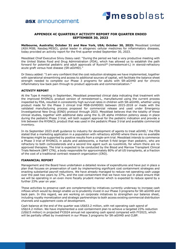 Thumbnail Mesoblast
 Quarterly Report 2023-q3