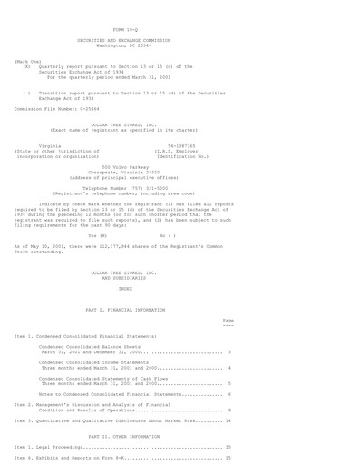 Thumbnail Dollar Tree Quarterly Report 2001-q1