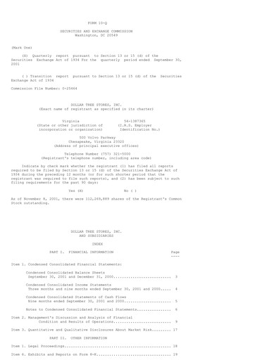 Thumbnail Dollar Tree Quarterly Report 2001-q3