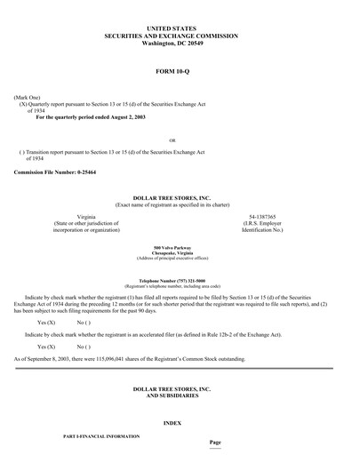 Thumbnail Dollar Tree Quarterly Report 2003-q2