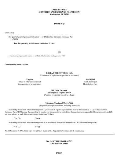 Thumbnail Dollar Tree Quarterly Report 2003-q3