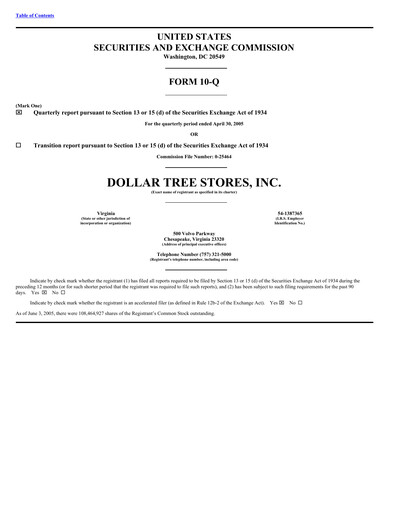 Thumbnail Dollar Tree Quarterly Report 2005-q1