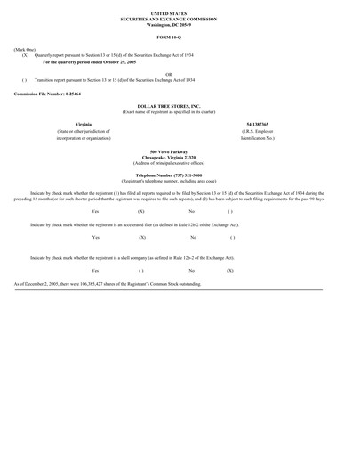 Thumbnail Dollar Tree Quarterly Report 2005-q3