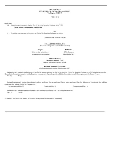 Thumbnail Dollar Tree Quarterly Report 2006-q1